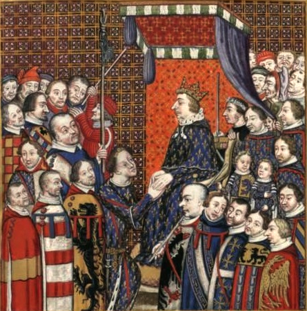 Charles V le Sage recevant l'hommage de Louis II de Bourbon, son beau-frère pour le comté de Clermont